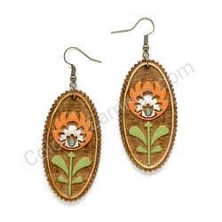 Wooden Drop Folk Earrings - Flower of Tradition 1 (oval), Multicolored