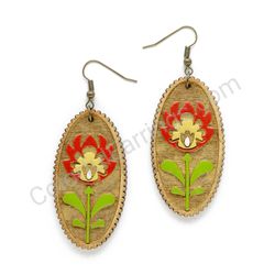 Wooden Drop Folk Earrings - Flower of Tradition 2 (oval), Multicolored