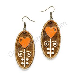 Wooden Drop Folk Earrings - Blooming Heart (oval), Orange