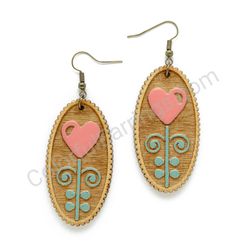 Wooden Drop Folk Earrings - Blooming Heart (oval), Pink