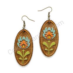 Wooden Drop Folk Earrings - Flower of Tradition 3 (oval), Multicolored