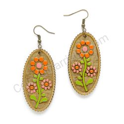 Wooden Drop Folk Earrings - Meadow Flower Trio 2 (oval), Multicolored