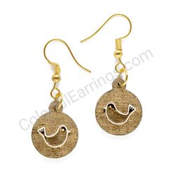 Folk Bird Golden - White, Small Size, Circle Wooden Earrings