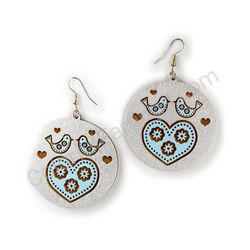 Wooden Drop Folk Earrings - Lovebirds Soulmate (circular), Blue