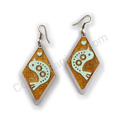 Wooden Drop Folk Earrings - Starbird Love (diamond shape), Turquoise
