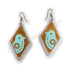 Wooden Drop Folk Earrings - Starbird (diamond shape), Turquoise