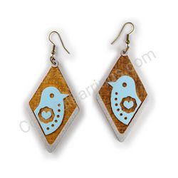 Wooden Drop Folk Earrings - Lovebird (diamond shape), Blue