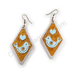 Wooden Drop Folk Earrings - Starbird Love (diamond shape), Blue
