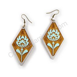 Wooden Drop Folk Earrings - Flower of Tradition (diamond shape), Turquoise