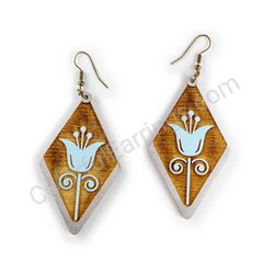 Wooden Drop Folk Earrings - Tulip (diamond shape), Blue