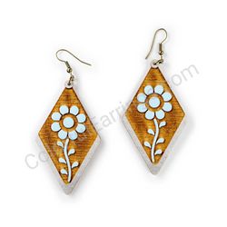 Wooden Drop Earrings - Meadow Flower (diamond shape), Blue