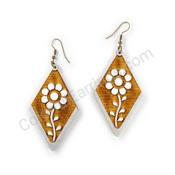 Wooden Drop Earrings - Meadow Flower (diamond shape), White