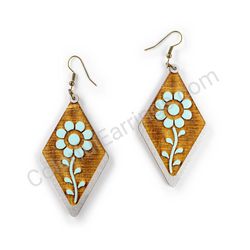 Wooden Drop Earrings - Meadow Flower (diamond shape), Turquoise