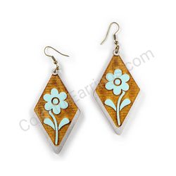 Wooden Drop Folk Earrings - Meadow Blossom (diamond shape), Turquoise