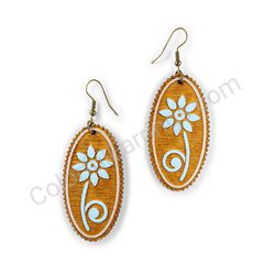 Wooden Drop Folk Earrings - Sharp Blossom (oval), Blue