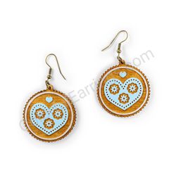 Wooden Drop Folk Earrings - Heart of Stars (circular), Blue