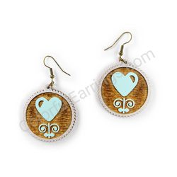 Wooden Drop Folk Earrings - Blooming Heart (circular), Turquoise