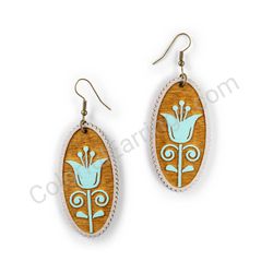 Wooden Drop Folk Earrings - Tulip (oval), Turquoise