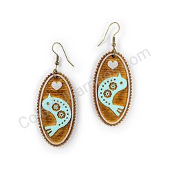 Wooden Drop Folk Earrings - Starbird Love (oval), Turquoise