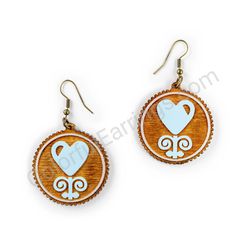 Wooden Drop Folk Earrings - Blooming Heart (circular), Blue