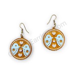 Wooden Drop Folk Earrings - Lovebirds Soulmate Partial (circular), Blue