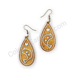 Wooden Drop Folk Earrings - Starbird Love Lineart (teardrop, slim), Blue