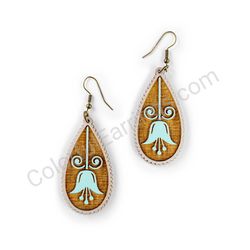 Wooden Drop Folk Earrings - Tulip (teardrop, slim), Turquoise
