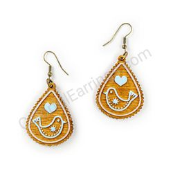 Wooden Drop Folk Earrings - Starbird Love Lineart (teardrop, wide), Blue