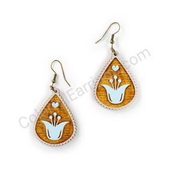 Wooden Drop Folk Earrings - Tulip Love (teardrop, wide), Blue