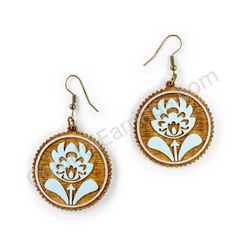 Wooden Drop Folk Earrings - Flower of Tradition (circular), Blue