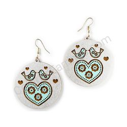 Wooden Drop Folk Earrings - Lovebirds Soulmate (circular), Turquoise