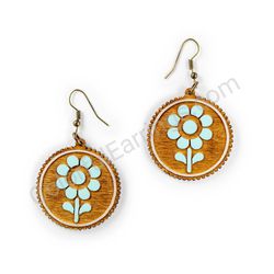 Wooden Drop Earrings - Meadow Flower (circular), Turquoise