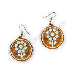 Wooden Drop Earrings - Meadow Flower (circular), Blue