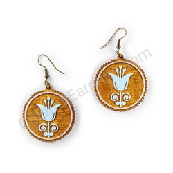 Wooden Drop Folk Earrings - Tulip (circular), Blue