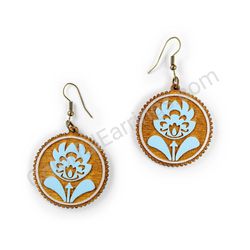 Wooden Drop Folk Earrings - Flower of Tradition 2 (circular), Blue