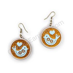 Wooden Drop Folk Earrings - Starbird Love (circular), Blue