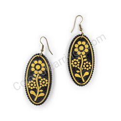 Wooden Drop Folk Earrings - Meadow Flower Trio (oval), Gold