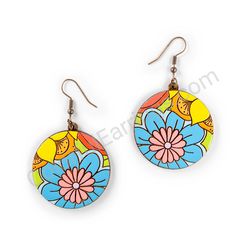 Drop Wooden Circular Floral Earrings - Hippie Blossom 4