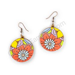 Drop Wooden Circular Floral Earrings - Hippie Blossom 5