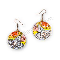 Drop Wooden Circular Floral Earrings - Hippie Blossom 6