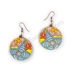 Drop Wooden Circular Floral Earrings - Hippie Blossom 7