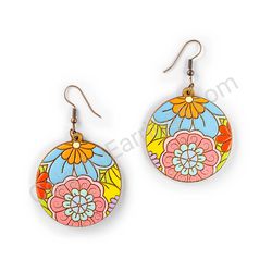 Drop Wooden Circular Floral Earrings - Hippie Blossom 8