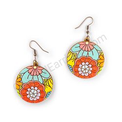 Drop Wooden Circular Floral Earrings - Hippie Blossom 9