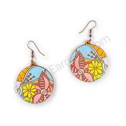Drop Wooden Circular Floral Earrings - Hippie Blossom 10