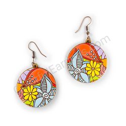 Drop Wooden Circular Floral Earrings - Hippie Blossom 11