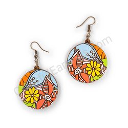 Drop Wooden Circular Floral Earrings - Hippie Blossom 12