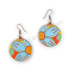 Drop Wooden Circular Floral Earrings - Hippie Blossom 13