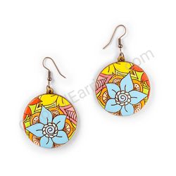 Drop Wooden Circular Floral Earrings - Hippie Blossom 18