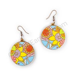 Drop Wooden Circular Floral Earrings - Hippie Blossom 20