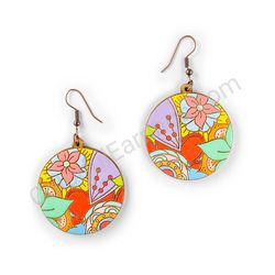 Drop Wooden Circular Floral Earrings - Hippie Blossom 21